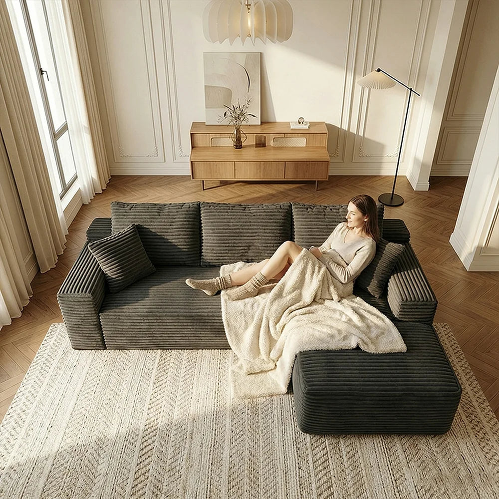 Dark Gray Corduroy L Shaped Compression Sectional Sofa with Chaise Ottoman Vacuum Packed No Assembly Fluffy Striped Fabric Couch for Living Room Apartment