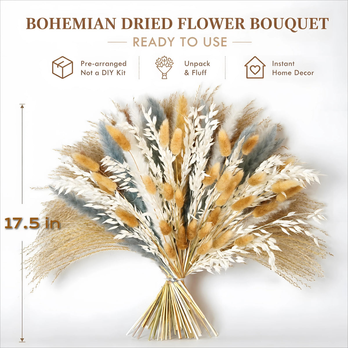 100PCS Pampas Grass Bouquet 17.5in Mixed Dried Flowers Bunny Tails Dried Oats Reed Grass Dusty Blue White Beige Boho Neutral Home Wedding Decor Farmhouse Table Centerpiece Vase Filler Rustic Minimalist Handmade Vase Not Inclu