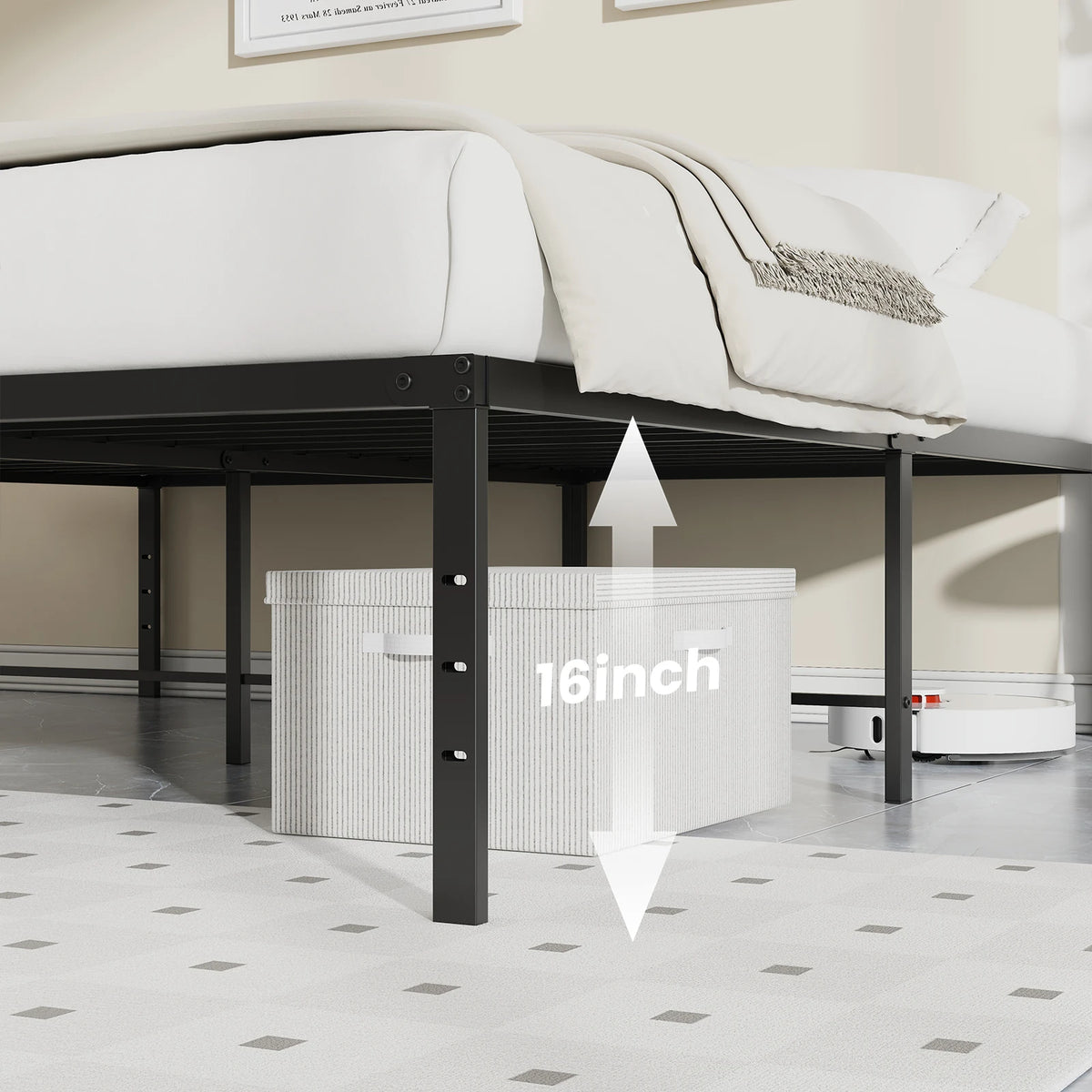 Metal Platform 16IN Tall Basic Bed Frame Sturdy Steel Heavy Duty with Storage Space Bedroom Frames Slat Support For Home