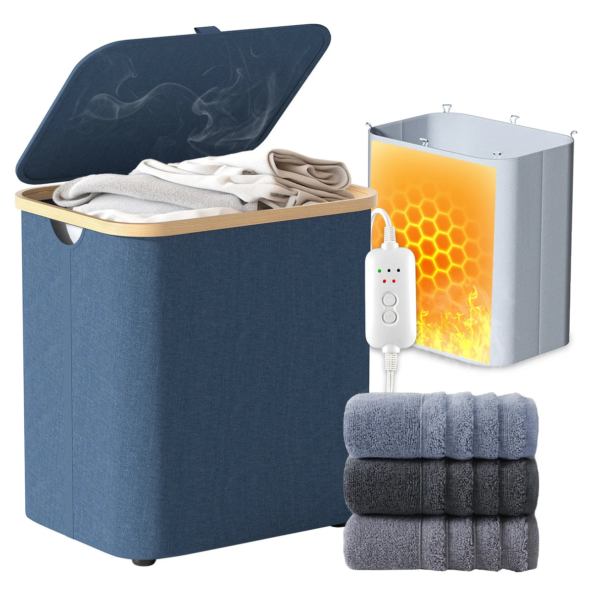 38L Foldable Towel Warmer 2-in-1, 5-Sided Fast Heating Towel Heater Basket with 20/40/60min Timer, Removable Heating Liner, Overheat Protection for Bathroom Laundry Room
