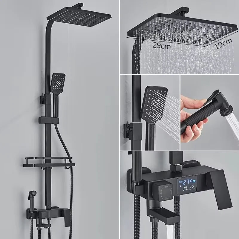 Black Smart Thermostatic Shower Faucet Set Bathroom Intelligent Rainfall Digital Mixer Tap With Rack and Bidet Bath System