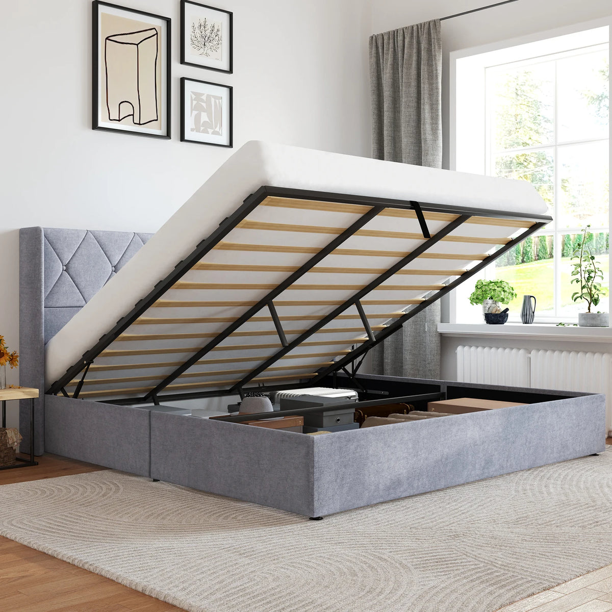 Lift Up Storage Bed Modern Upholstered Platform Bed Frame with Wingback Headboard Hydraulic Lift Storage No Box Spring Needed Easy Assembly For Bedroom