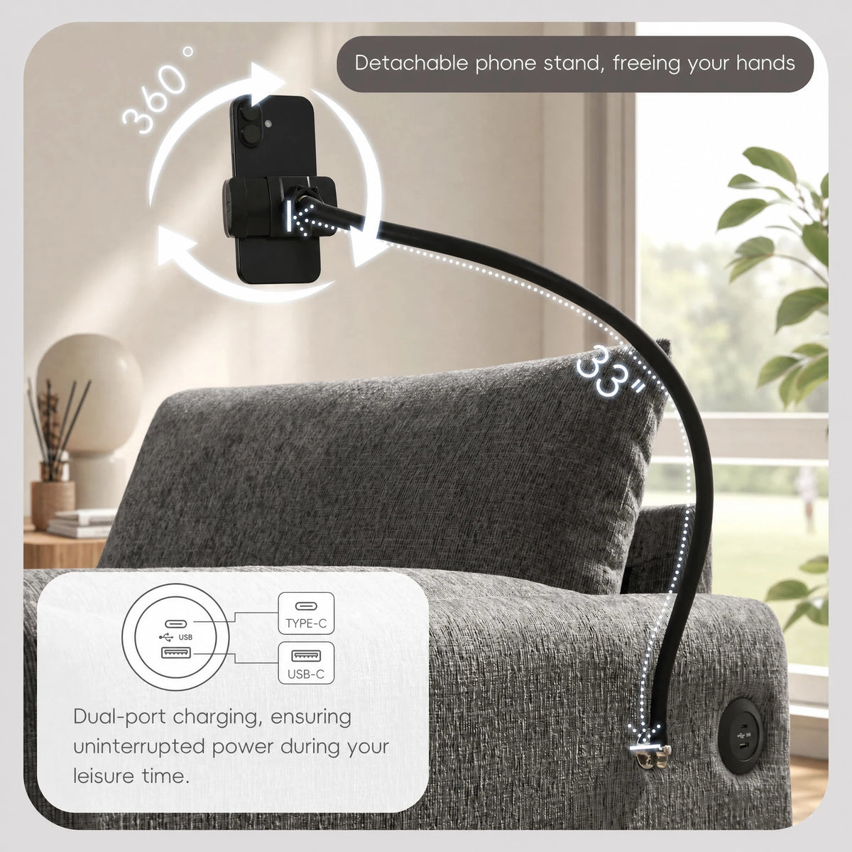 Modern Single Sofa Armchair With Storage Footstool and Adjustable Phone Holder Suitable for Living Room Bedroom Apartment Small Space and Home Office