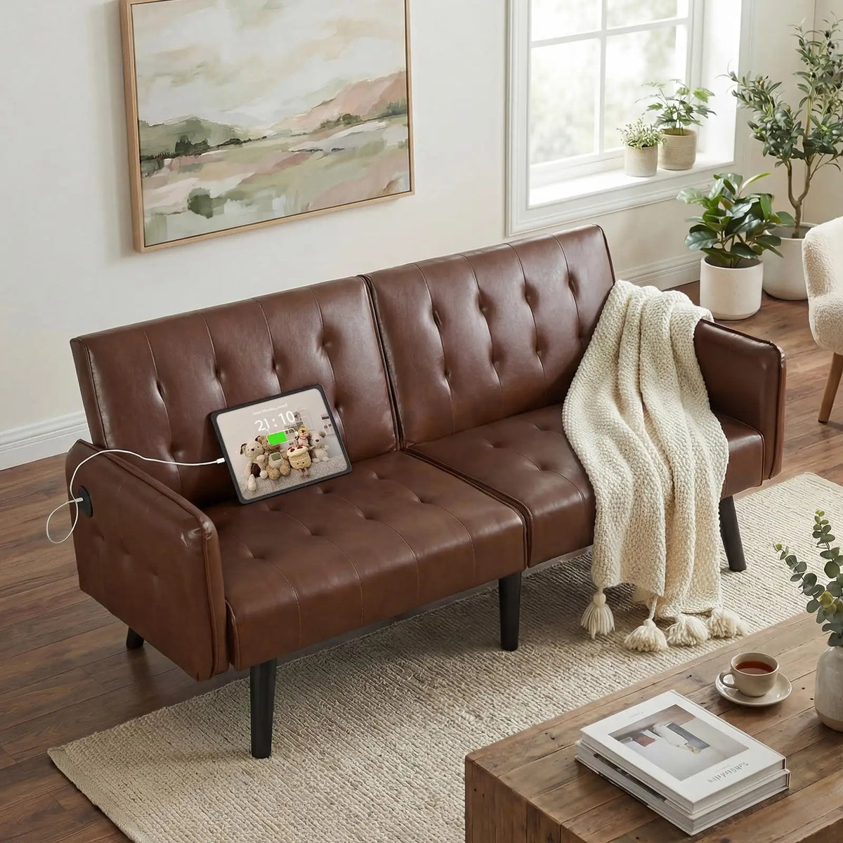 65" Brown Faux Leather Futon Sofa Bed Convertible Sleeper Loveseat 2 USB Ports Tufted Adjustable Folding Couch Space