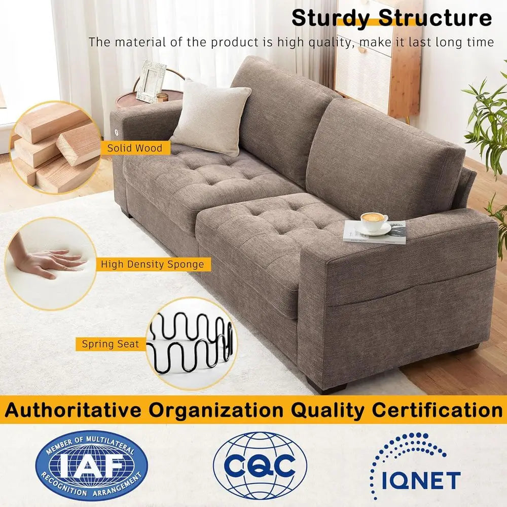 Sofa or Living Room, Comfy Sofa with Medium Firm Seat Cushion, Removable Cover, Wide Armrest ,USB/Type-C Port ,Chenille Fabric Couch