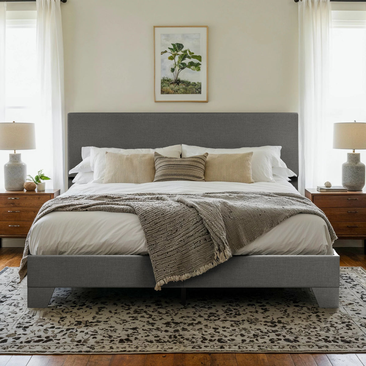Upholstered Bed Frame with Adjustable Headboard, Soft Linen Fabric, Strong Supporting Structure, Noise-Free
