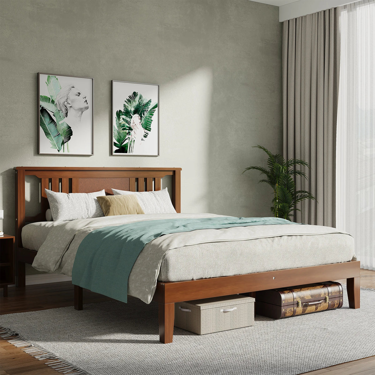 Wood Bed Frame Platform Bed with Headboard Sturdy Solid Wood Slat Support Up to 800 lbs No Box Spring Needed Easy Assembly Noise Free Suitable for Bedroom Furniture