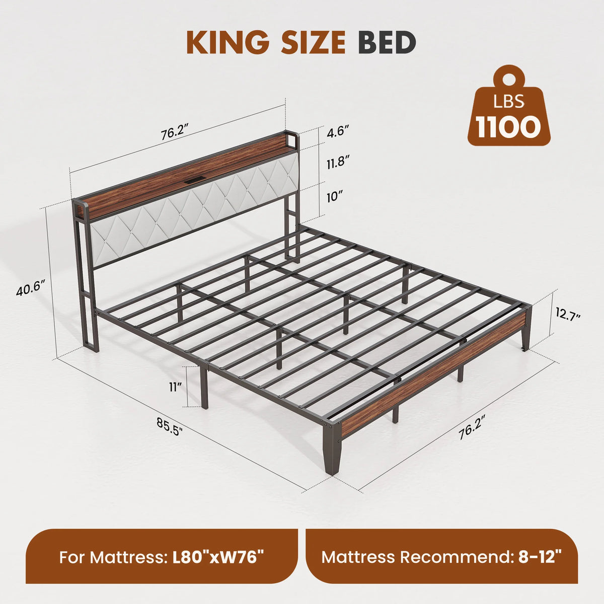 King Size Soft Pack Heavy Duty Metal Bed Frame with Headboard Charging Station 1100lbs Capacity Easy Assembly For Bedroom