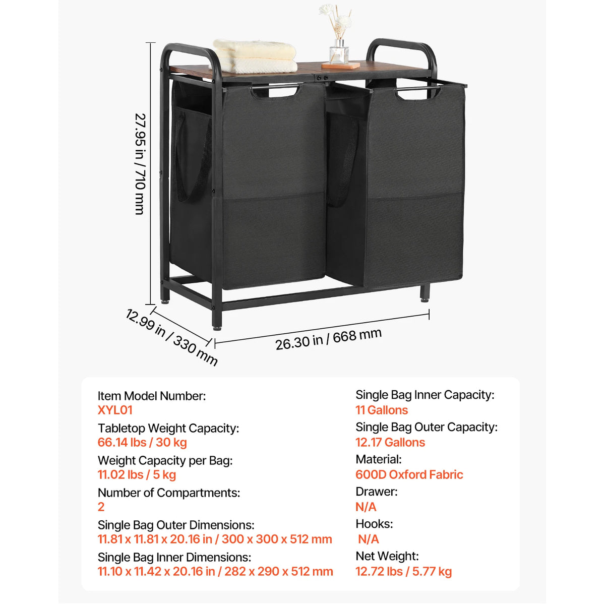 Laundry Sorter Large Laundry Hamper with Metal Frame Freestanding Storage Organizer Baskets for Dirty Clothes, Bathroom