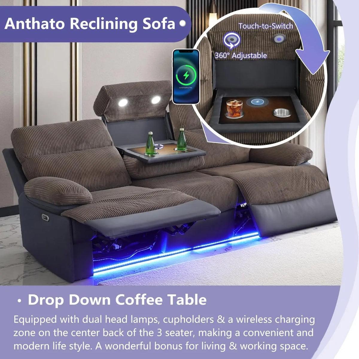 Loveseat Power Recliner Sofa Couch with LED, Corduroy & Breathing Leather Reclining Couch, Sofa for Living Room Home
