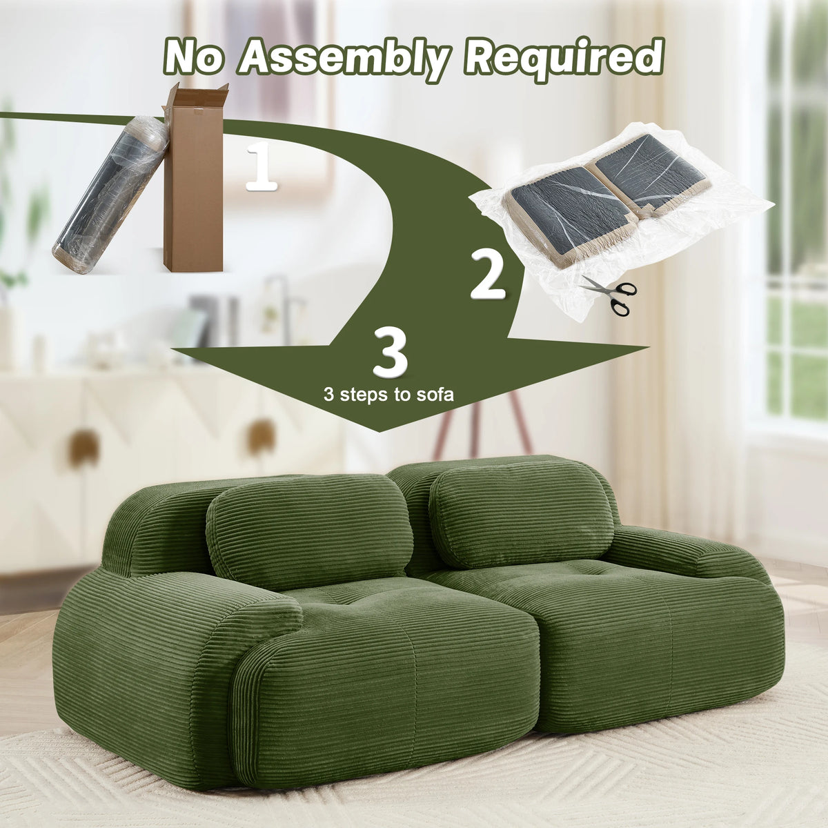 82" Loveseat Sofa in Luxury Corduroy Fabric, Modular 2-Seat Couch with Curved Armrests and Non-Slip Base, No assembly required, High-Resilience Sponge for Living Room Bedroom, Olive Green