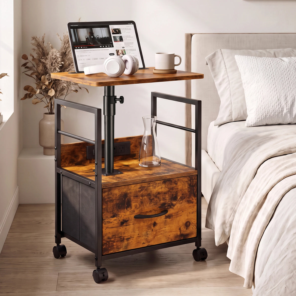 Rolling Bedside Table With 360 Degree Swivel Top And Charging Station Adjustable Height Nightstand With Storage Drawer And Wheels Brown Gray Black For Bedroom Living Room