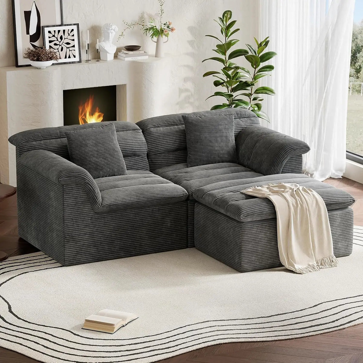 81" L-Shaped Sofa with Ottoman, Boneless Cloud Couch for Living Room, Apartment, No Assembly Required