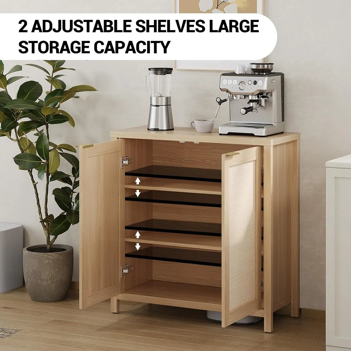 Cabinet Storage with Rattan Doors, Sideboard ,2 Adjustable Shelves, Particle Board Living Room Cabinets Glamour Modern Home Entryway Furniture
