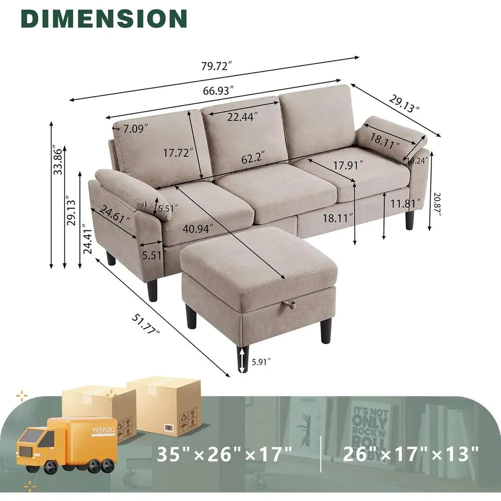 80" Convertible Sectional Sofa, Small L Shaped 3 Seat Couch with Reversible Storage Chaise, Polyester Fabric Sofa Couches