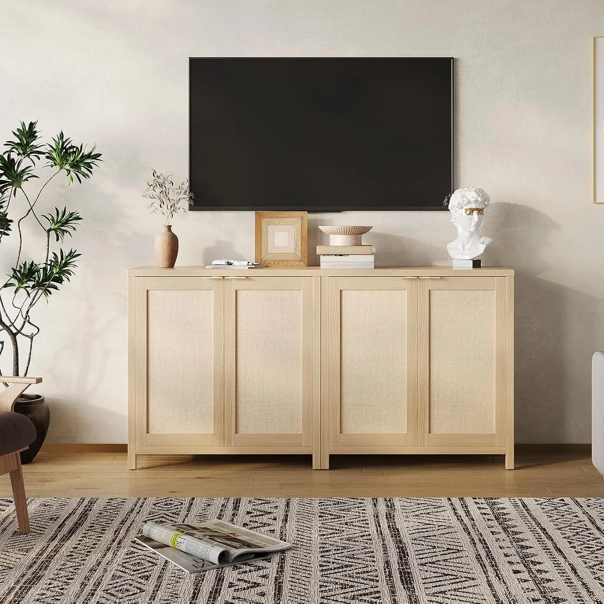 Cabinet Storage with Rattan Doors, Sideboard ,2 Adjustable Shelves, Particle Board Living Room Cabinets Glamour Modern Home Entryway Furniture