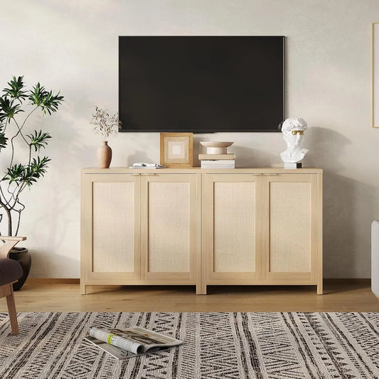 Cabinet Storage with Rattan Doors, Sideboard ,2 Adjustable Shelves, Particle Board Living Room Cabinets Glamour Modern Home Entryway Furniture