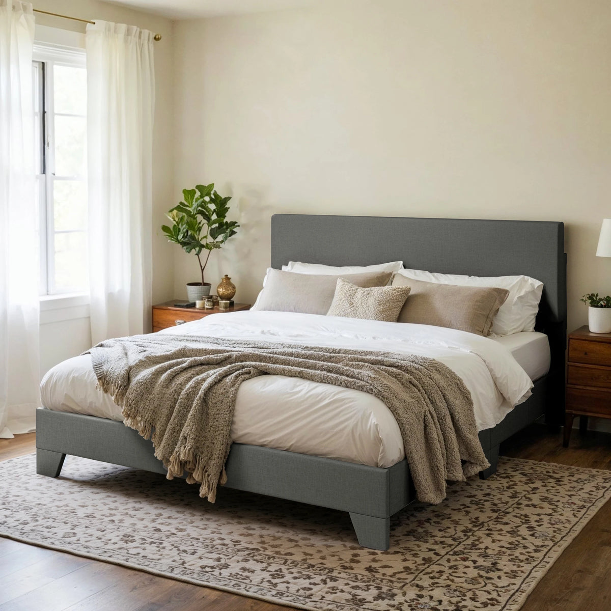 Upholstered Bed Frame with Adjustable Headboard, Soft Linen Fabric, Strong Supporting Structure, Noise-Free