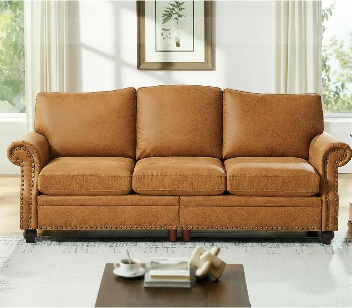 Faux Leather Couch for Living Room, Mid Century Modern Leather Sofa with Rolled Arm, Classic 3 Seat Brown Couches with Nailheads Trim, Big Comfy Couch with Deep Seat