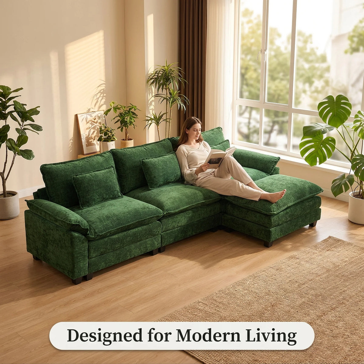 TCGBKAF 117 Inch Modular Sectional Cloud Couch, Modern L‑Shaped Corduroy Sofa with Ottoman, 3 Seater Sectional Couch with Lumbar Pillow, 2‑Layer Cushion Deep Seat Upholstered Sofa for Living Room Apartment