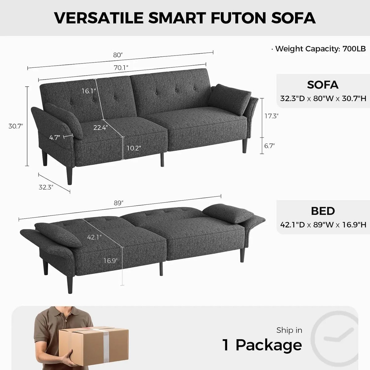 89” Futon Sofa Bed, Comfy Futon Couch Bed with 2 Square Pillows, Convertible Sleeper Sofa with Adjustable Backrest & Armrests