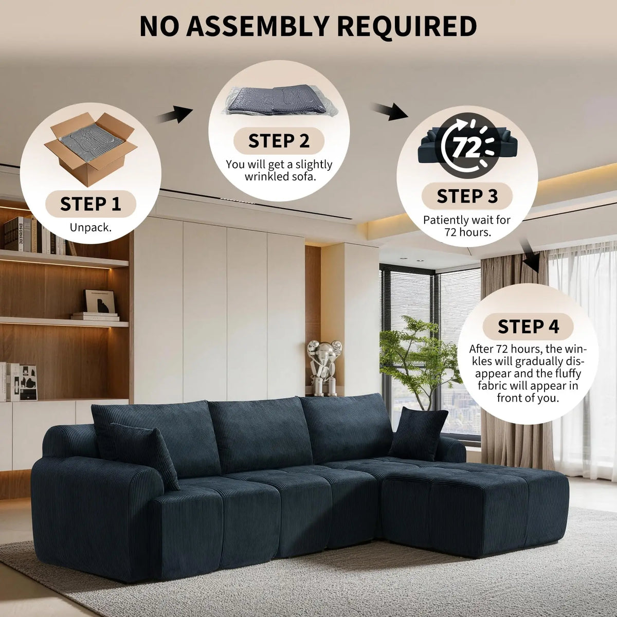 118'' Corduroy Modular Sofa, Deep Seat Compression Couch With Memory Foam, No Assembly Sectional For Living Room