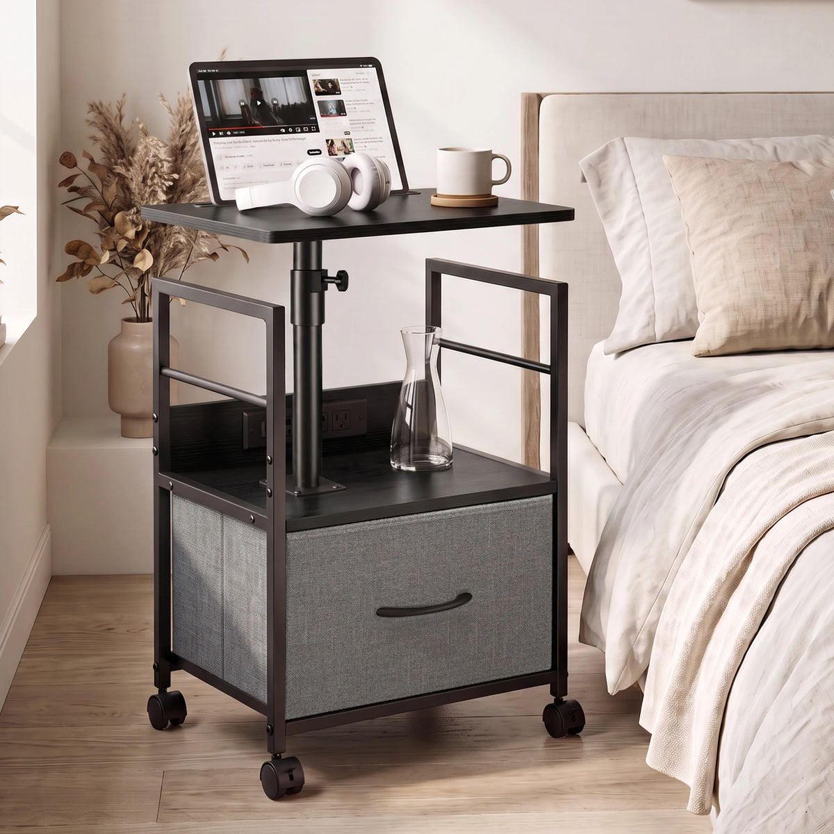 Rolling Bedside Table With 360 Degree Swivel Top And Charging Station Adjustable Height Nightstand With Storage Drawer And Wheels Brown Gray Black For Bedroom Living Room