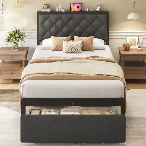 Twin Upholstered Button Tufted Bed Frame with Storage Drawer and Charging Station for Bedroom