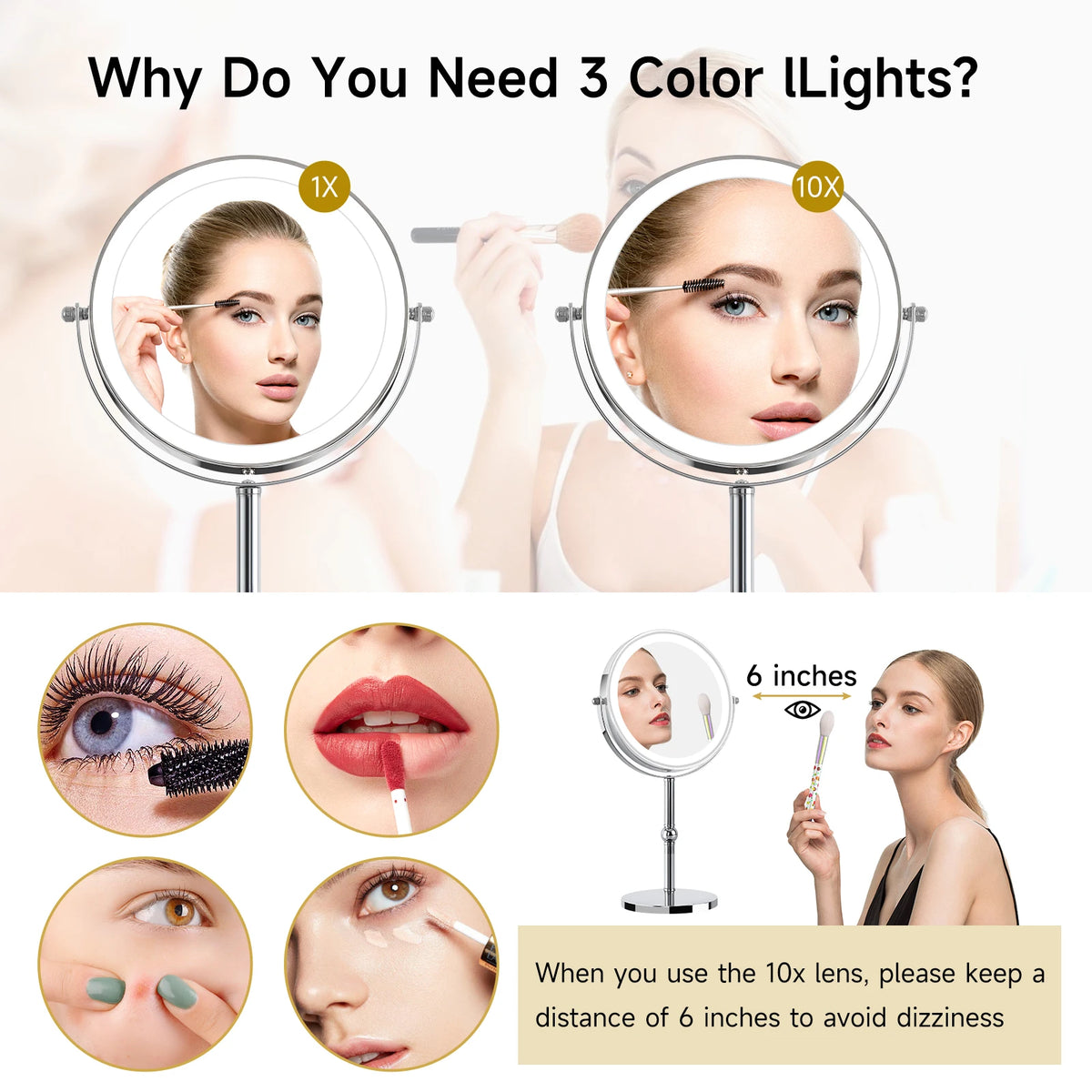 Double Sided LED Lighted Makeup Mirror, Height Adjustable Touch Control Vanity Mirror with Ring Light, 360° Swivel 1X/10X Magnification Cosmetic Mirror for Bathroom Dresser Tabletop