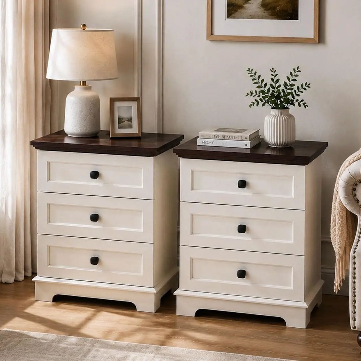 White Nightstand Farmhouse Night Stand with Charging Station,20'' Narrow Nightstand Side Table Wood End Table with 3 Drawers for Bedroom,Bedside Table with Power Outlet, USB, Type-C Ports