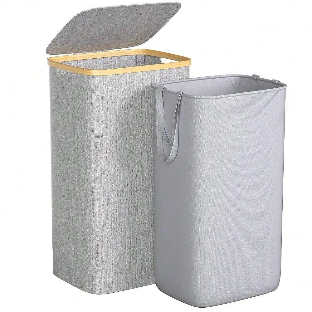 Large Laundry Hamper, 100L Waterproof Laundry Basket With Lid And Removable Bag, Collapsible Tall Clothes Hamper With Bamboo Handles For Clothes Toys In Dorm Bedroom Bathroom, Beige