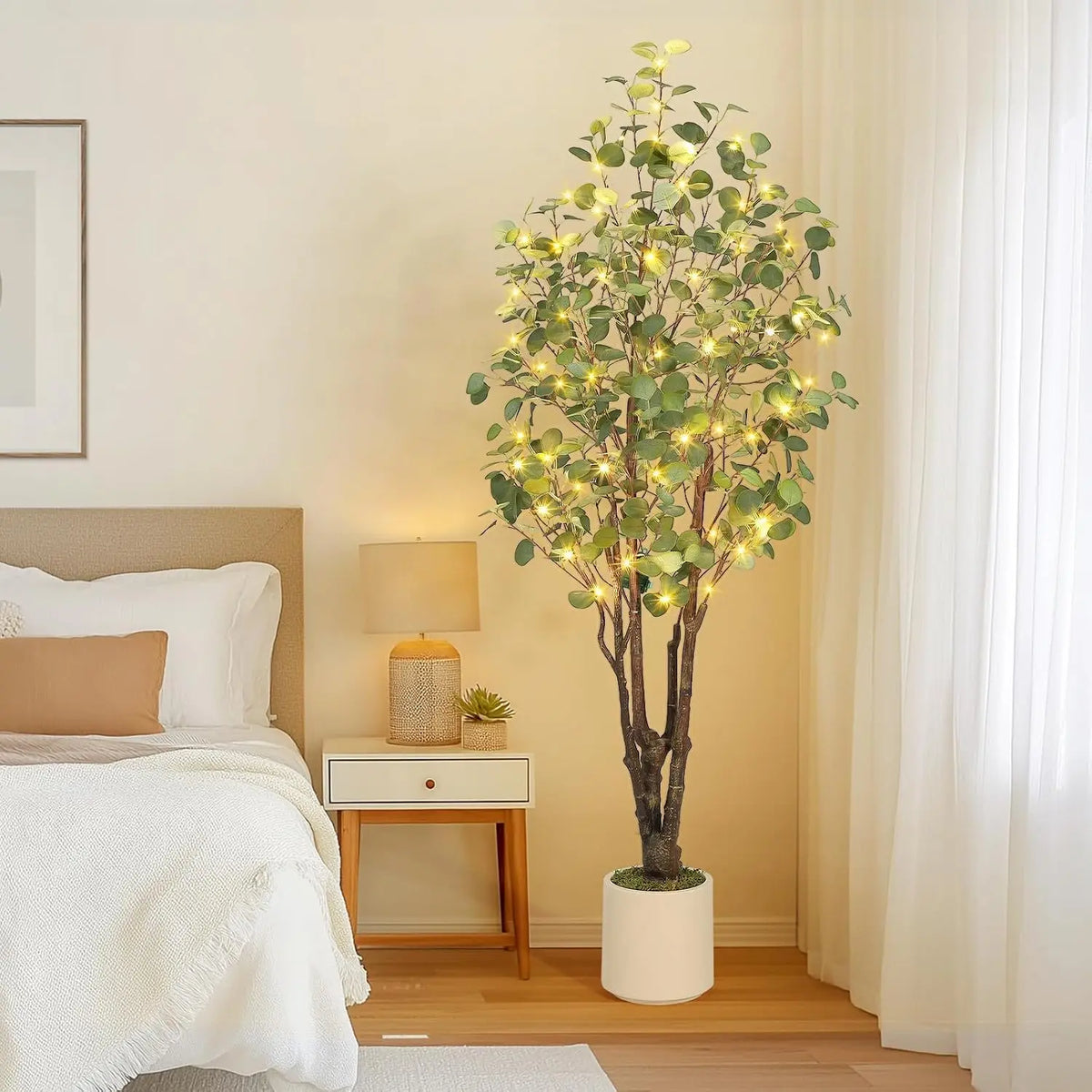 Artificial Eucalyptus Tree w/ 50 LED Lights, Pre-Potted Faux Floor Plant, Realistic Silk Multi-Stem Greenery in White Planter for Home & Office Decor Christmas Party Supplies