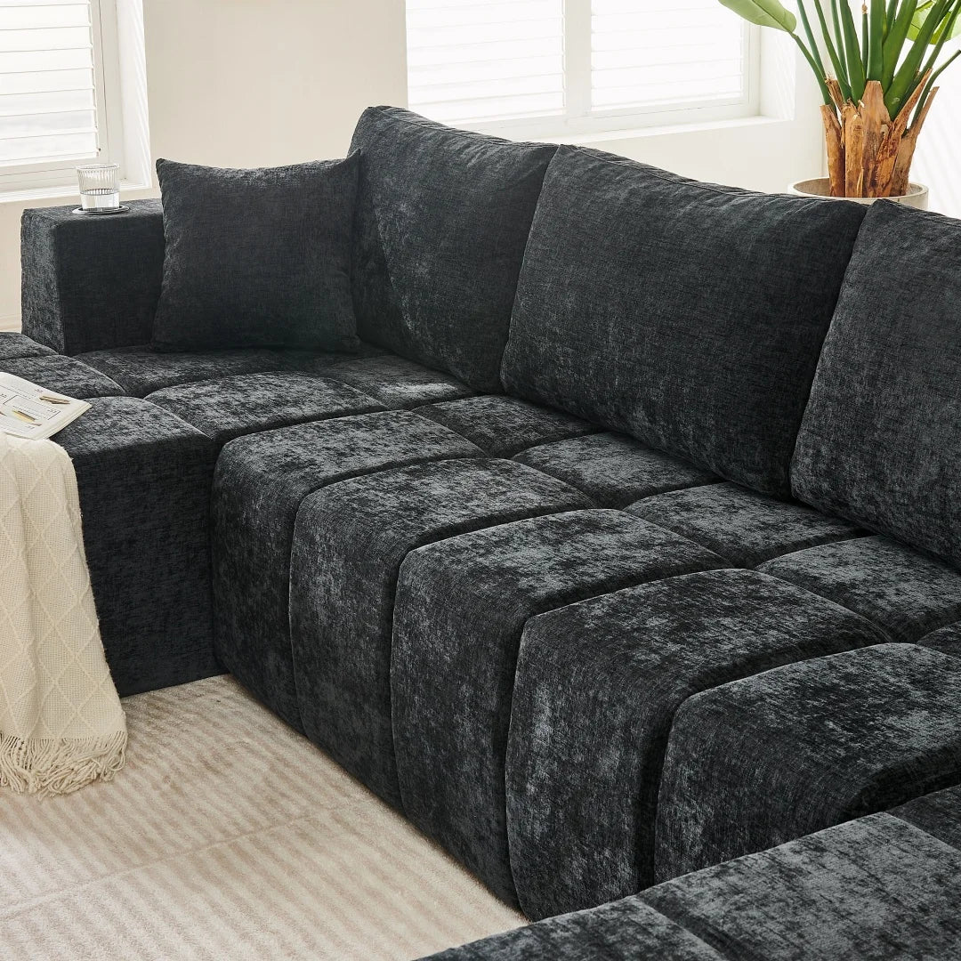 132" U-Shaped Chenille Sectional Sofa, Cloud Couch Sleeper Bed with Dual Lounges, Modern Living Room Furniture with Cup Holders, No Assembly, Black