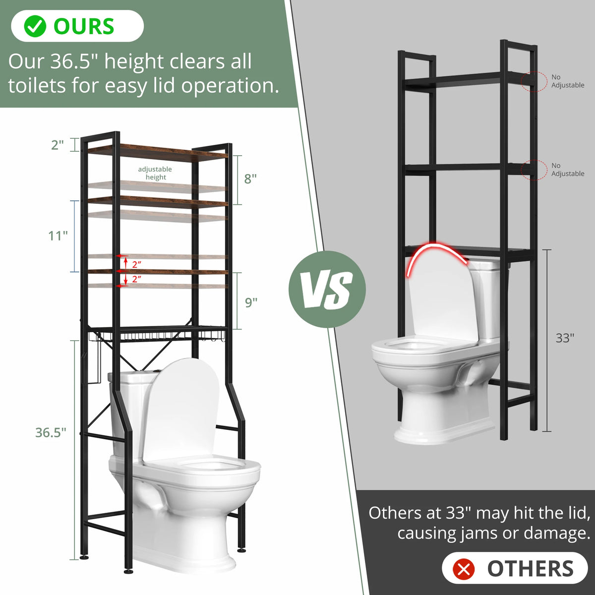 JHK 4-Tier Freestanding Bathroom Organizer Shelf Over Toilets with Adjustable Storage Rack Shelf and Basket Space Saver Above Toilet Storage Cabinet with 3 Hooks for Rooms