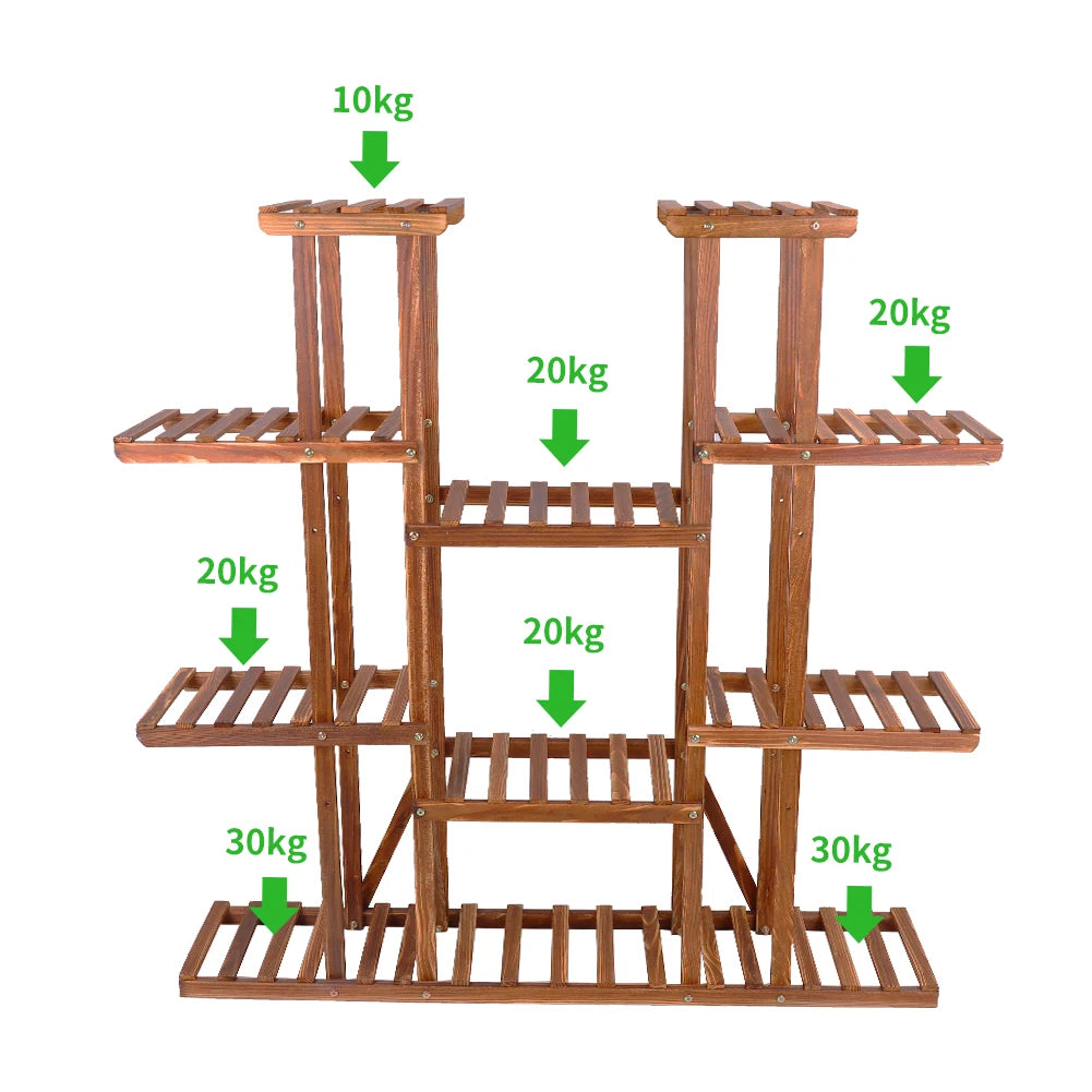 11 Tier Wood Plant Stand Carbonized High Widen Pot Display Shelf Holder Flower Shop Office Garden Indoor Outdoor Decor