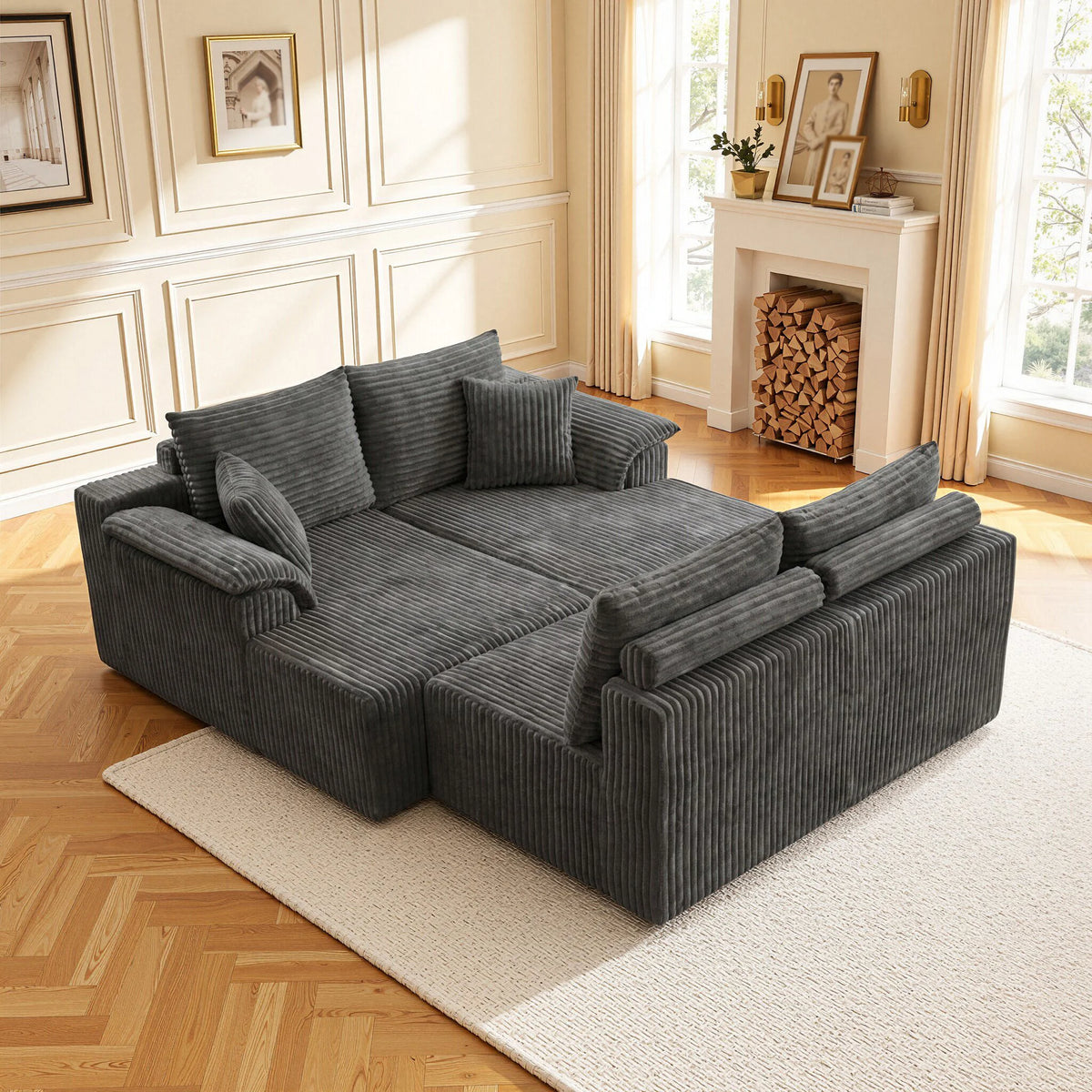 Oversized Vertical Striped Corduroy Modular Sofa, Freely Combinable U-Shaped Corner Sectional with Chaise Lounge, Luxury Cloud Deep Seat Fabric Couch, No Assembly Lazy Sofa with Throw Pillows for Living Room & Apartment, Idea