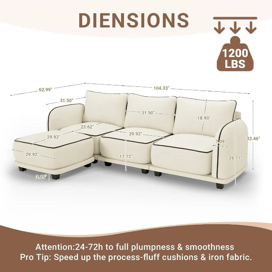 104 Inch L Shaped Oversized Cloud Chenille Sofa 4 Seater Modular Sectional Couch Movable Ottoman 3 Back Pillows Beige Multi Scen