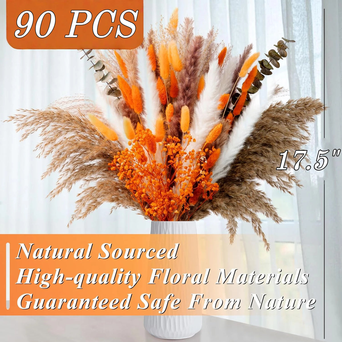 90PCS Pampas Grass Bouquet 17.5in Mixed Dried Flowers Natural Broomcorn Bunny Tails Red Eucalyptus White Pampas Orange Babys Breath Gem Grass Boho Fall Home Decor Wedding Centerpiece Table Arrangement Vase Filler Farmhouse Bo