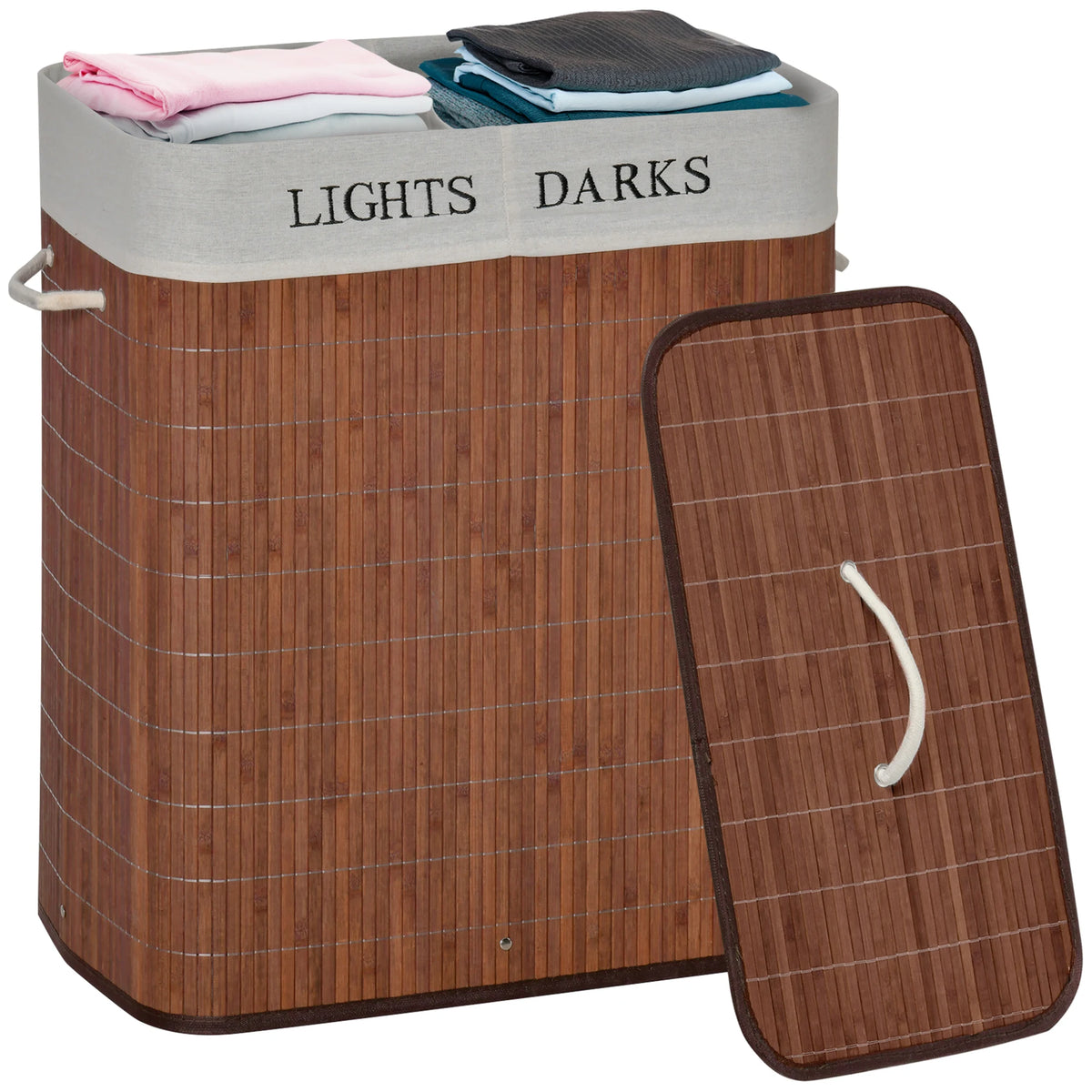 Laundry Hamper with Lid, Bamboo Foldable Laundry Basket 2 Section with 2 Removable Bags, 2 x 13.2 Gallons (50L), Brown