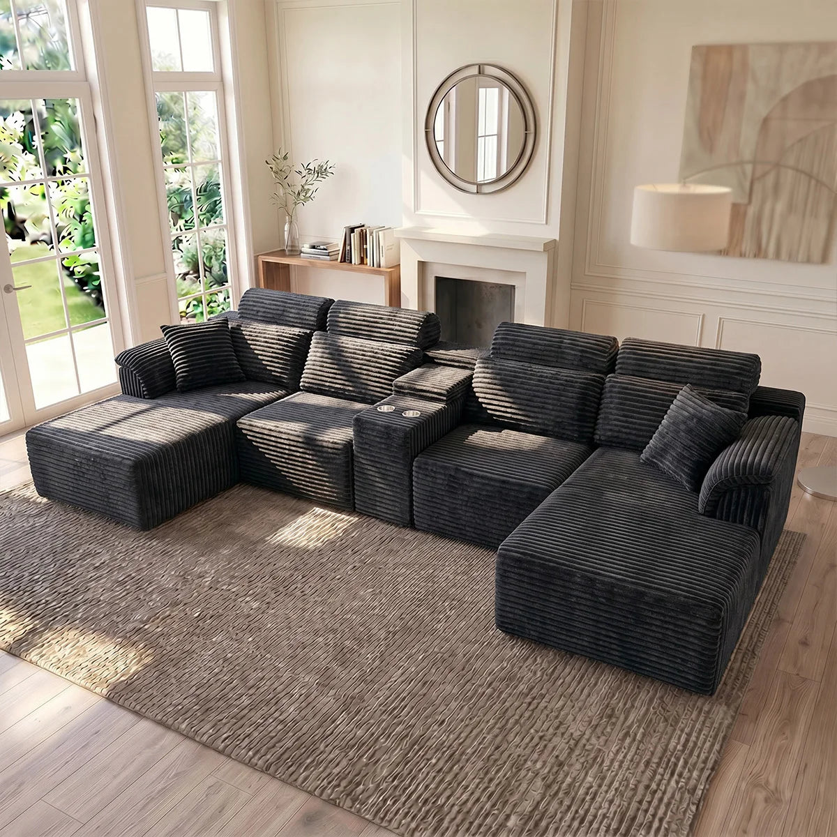 Modern Modular U-Shaped Sectional Sofa, Compressed Corduroy Couch with Storage Console & Cup Holders, Fluffy Deep Seating Living Room Furniture, Easy to Transport
