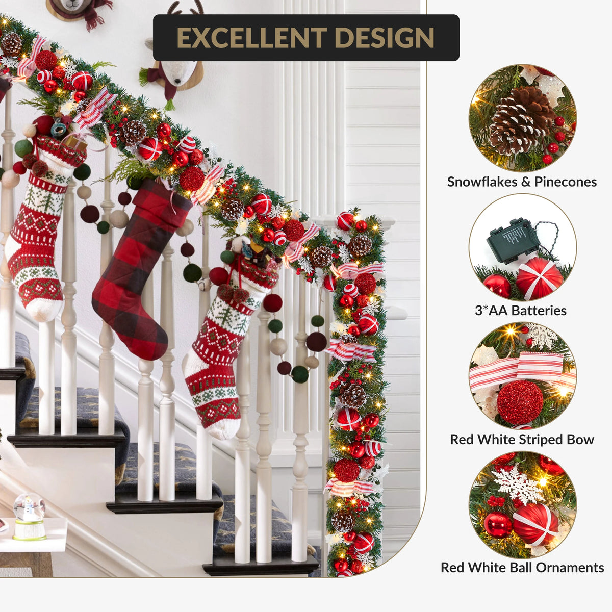 6ft Pre-Lit Christmas Garland with LED Lights, Pine Cones, Berries & Ribbons – Battery Powered Artificial Holiday Decor for Door, Mantle, Stairs – Red and White