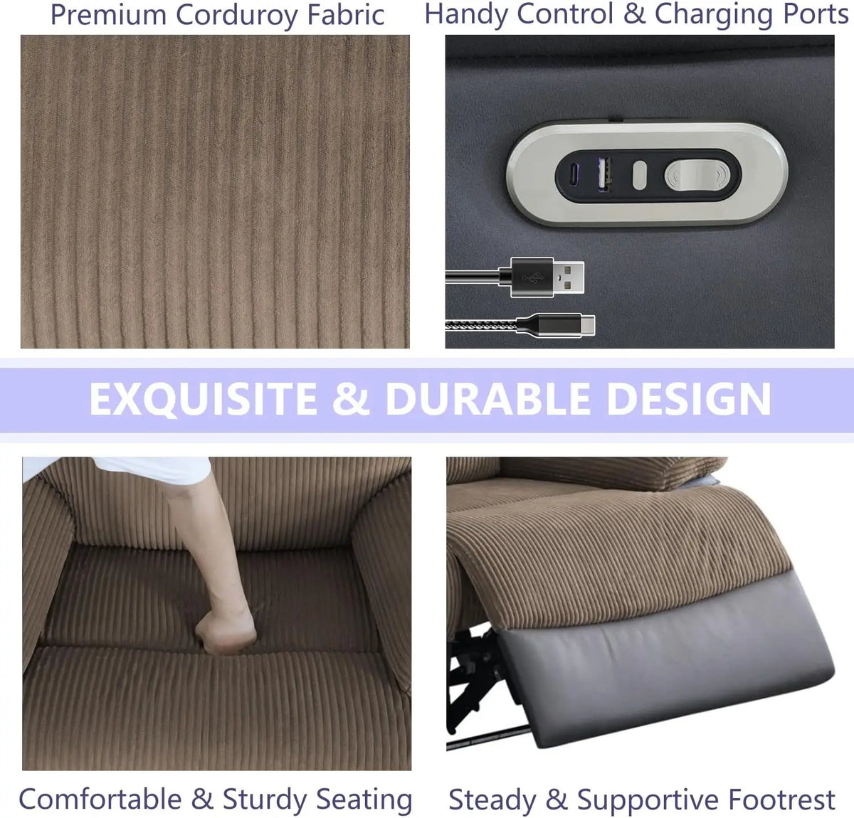 Loveseat Power Recliner Sofa Couch with LED, Corduroy & Breathing Leather Reclining Couch, Sofa for Living Room Home