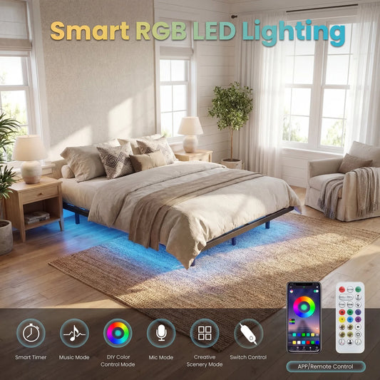 Heavy Duty Floating Bed Frame with Smart LED Lights and Charging Station, No Box Spring Needed  Twin/Full/Queen/King