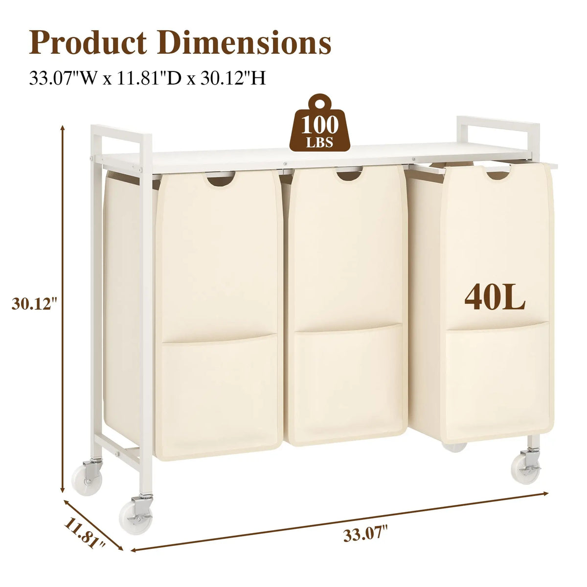 3 Compartment Laundry Sorter Cart with Tabletop, Rolling Laundry Hamper with Wheels, Metal Frame Clothes Sorting Basket for Bathroom Laundry Room