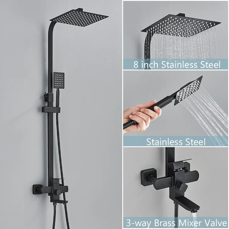 Brushed Gold Bathroom Shower Faucet Set Brass Bath Faucet Rainfall Shower Head Wall Mounted Bathtub Shower Mixer Tap System