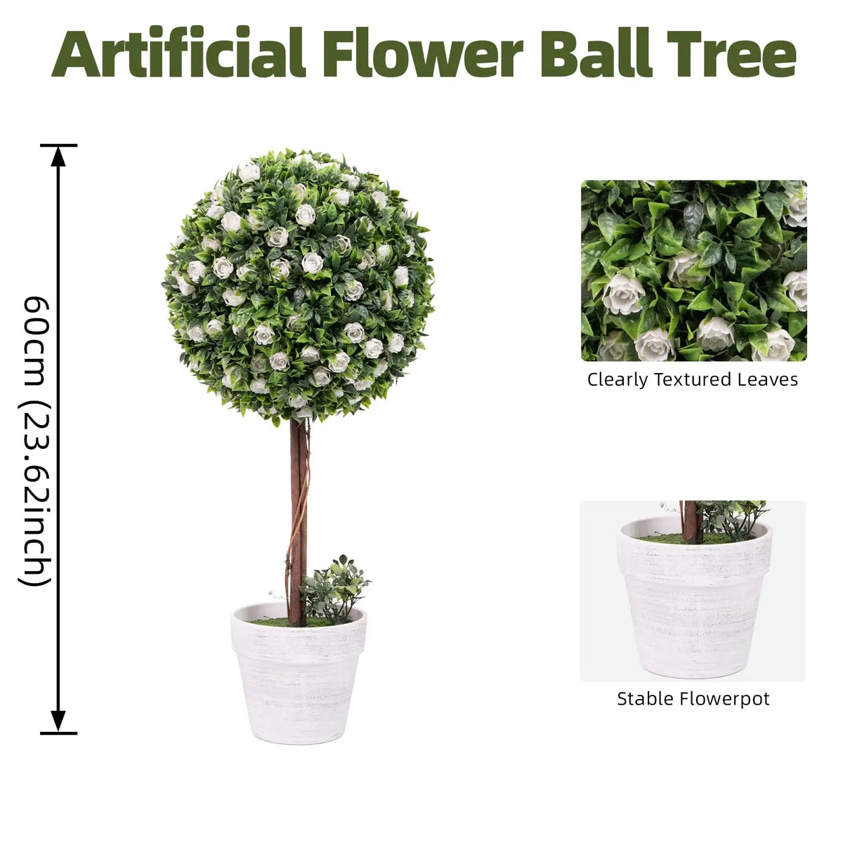 2Pcs 60cm Artificial Rose Topiary Tree, Potted White/Red Flower Ball Tree with Realistic Green Leaves, Faux Ball Shaped Plant in Stable Pot for Indoor Outdoor Garden Patio Home Decor