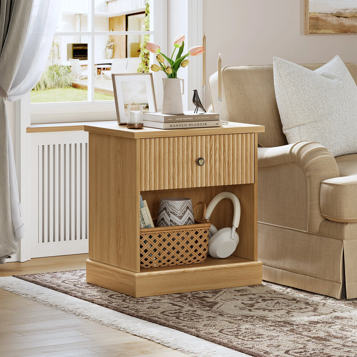 Mid-Century Modern Fluted Bedside Table | Single Drawer & Open Shelf – Natural Oak Finish MDF Bedside Table for Bedroom or Living Room