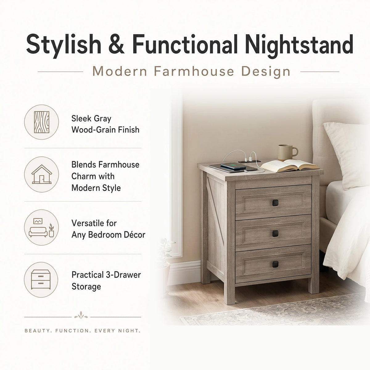 Farmhouse Nightstand w Charging Station AC Outlets USB Port 3 Drawers Side End Table for Bedroom Living Room Grey Wood Grain