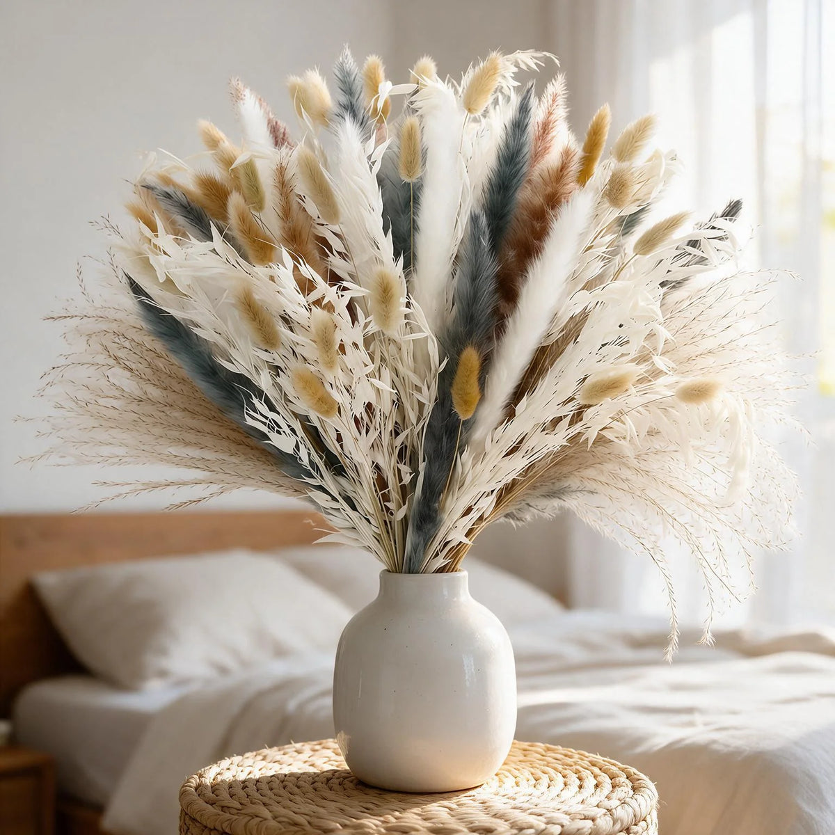 100PCS Pampas Grass Bouquet 17.5in Mixed Dried Flowers Bunny Tails Dried Oats Reed Grass Dusty Blue White Beige Boho Neutral Home Wedding Decor Farmhouse Table Centerpiece Vase Filler Rustic Minimalist Handmade Vase Not Inclu