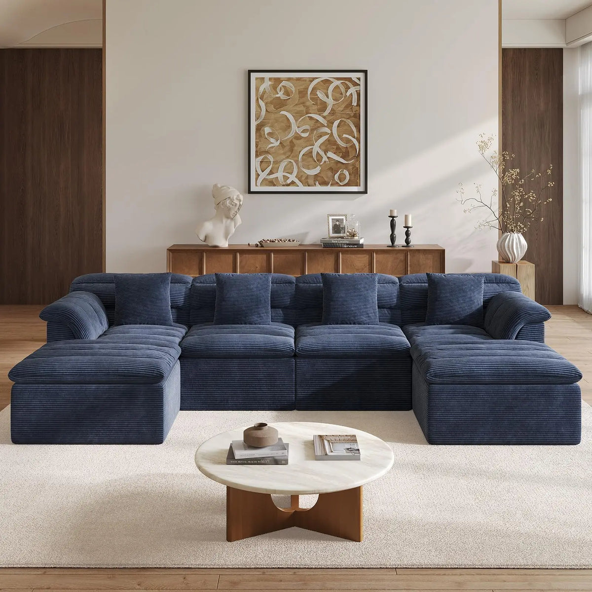 142" Modular Cloud Sectional Couch with Ottoman Modern Upholstered Compressed Sofa Deep Seat, Comfy U-Shape Corduroy Couches